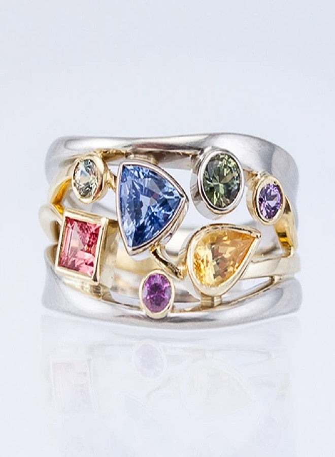 LRGKMCWTOB 925 Sterling Silver Womens Shiny Full Diamond Ring Geometrical Line Multi Row Womens Rainbow Gemstone Ring Wave Shape Eternity Engagement Wedding Promise Ring Cocktail Party Ring (Size 8) - Image 4